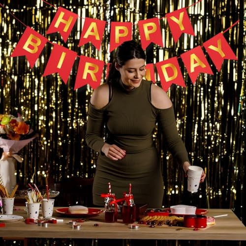 Image of Red Happy Birthday Banner - 16 ft Pre-Strung Gold & Red Birthday Party Decorations Sign for Girls, Boys, Kids, Women - No DIY Hanging Backdrop for Indoor & Outdoor Celebrations
