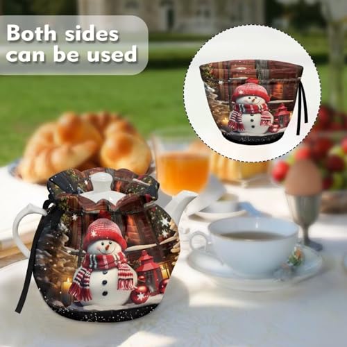 Image of Snowman Show Window Teapot Cozies, Heat Preservation Teapot Dust Cover with Drawstring Creative Kitchen Tea Pot Cover, Home Kitchen Table Hotel Christmas Decor