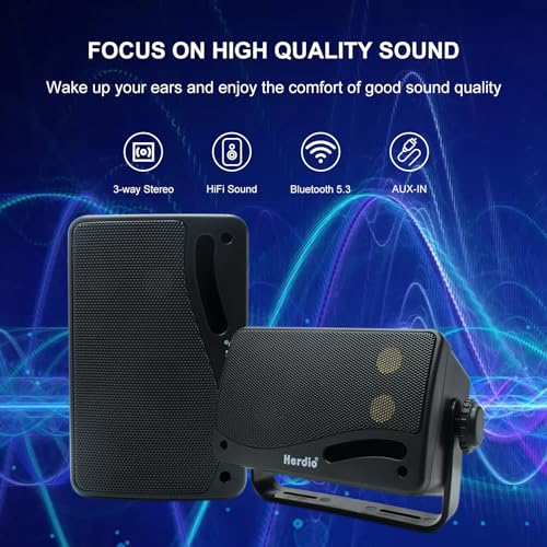 Herdio 3.5" Outdoor Bluetooth Speakers Waterproof, 200W 3 Way Upgrade Premium Wall Mount Speakers, Durable Mountable Loud Sound System for Patio Indoor Deck Garage (Black Pair) by Herdio - Image 2
