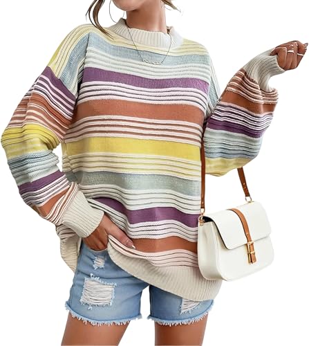 TOPYOGAS Womens Contrast Striped Pullover Sweaters Oversized Crewneck Long Sleeve Winter Pullover Sweaters Tops Yellow