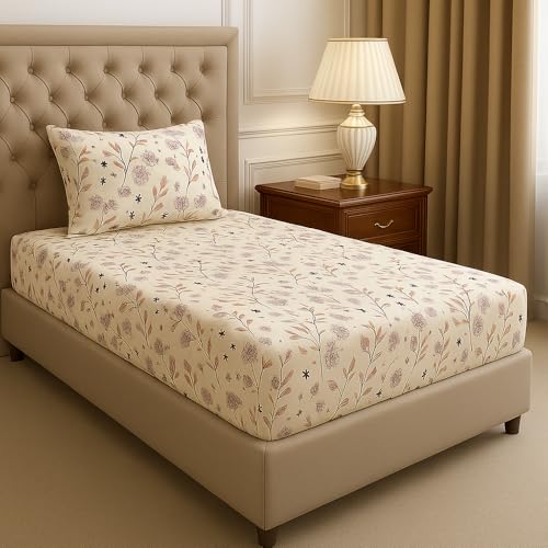 BSB HOME Premium Cotton Elastic Fitted Bedsheets with 1 Pillow Covers |Leaf Printed Single Bed Elastic 220 TC Supersoft Breathable & Wrinklefree | for 72x36+6 Inches, Almonds and Green