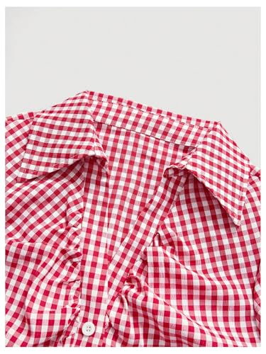 SweatyRocks Women's Y2K Short Puff Sleeve Button Down Fitted Gingham Plaid Crop Top Blouse3