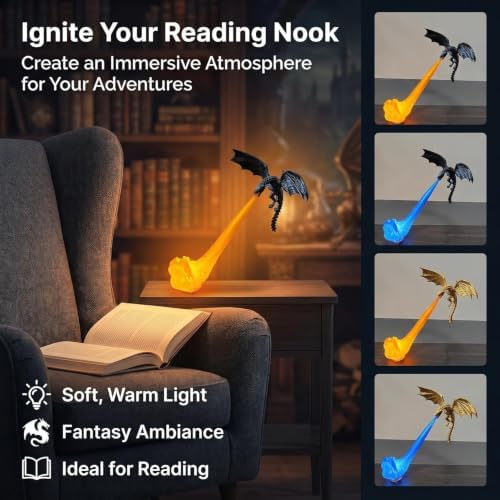 BomKra Dragon Bookshelf Nook Light, 3D Printed Fire-Breathing Fantasy Shelf Decor, New Dragon Book Nook Design, Stable Shelf Accent for Desk, Library, or Collector Display, Book Lover Gift - 1