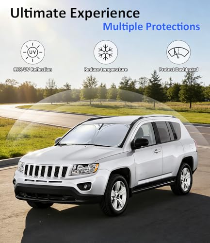 Image of Windshield Sun Shade Custom-Fit for Jeep Compass 2007-2016 | Front Window Sunshade with 240T Sun Visor Protector Foldable Heat Shield Blocks UV Rays, Car Accessories