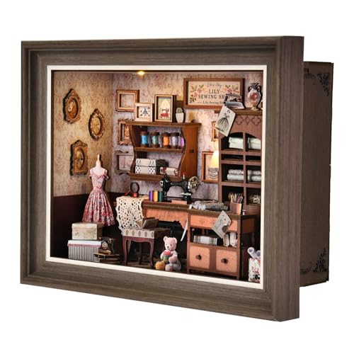 Book Nook Kit - 3D Wooden Puzzle with LED Switch Control & Wall-Mountable Frame,DIY Miniature House for Beginners,Bookshelf/Tabletop/Wall Decor for Craft Lovers,Dollhouse Gift (Lily Sewing Shop) - image 1