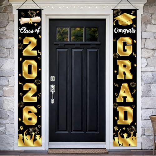 Image of Graduation Decorations 2026 Porch Banner, Graduation Banner Class of 2026, Black and Gold Congrats Grad Decorations for Door and Porch Party Supplies