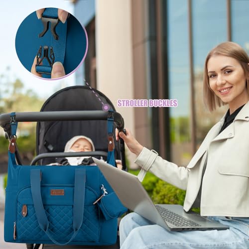 Image of Tuwubi Diaper Bag Tote,Baby Diaper Bag with Pacifier Case Large Travel Diaper Tote Caddy for Mom and Dad Multifunction Baby Bag - M-Teal