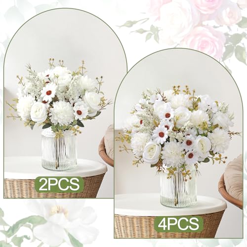 Miniatura 5 de Meivines Flores Artificiales 4 Piezas Ramo De Seda De Rosas Y Margaritas Artificiales Flores Artificiales Decoracion Para Boda, Hogar, Mesa, Fiesta Blanco, 4pcs