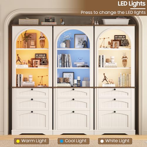 Image of Bookshelf with File Drawers for Letter /A4 /Legal Size Hanging Files, 68 inch Tall Farmhouse Bookcase with 3-Tier Open Shelves, Wood Floor Display Storage Cabinet for Home Office, Living Room, Rustic White