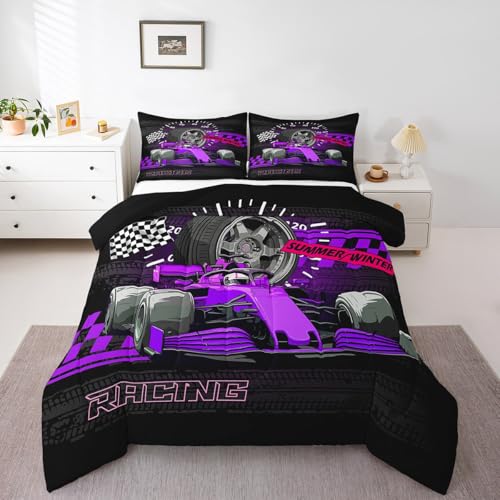 Image of Feelyou Kids Purple Racing Car Duvet Insert Queen Size, Extreme Sports Comforter Set Boys Girls Karting Road Bedding Set Teens Bedroom Decor Bed Set 3Pcs