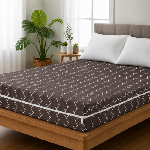 Image of Premium Cotton Printed Mattress Cover /Protector with Zipper Chain|Provides All Around Protection with 360 Encasing | Double King Size Bed - 78x72+8 inches (6.5 x 6 Feet Mattress) Mocha Brown
