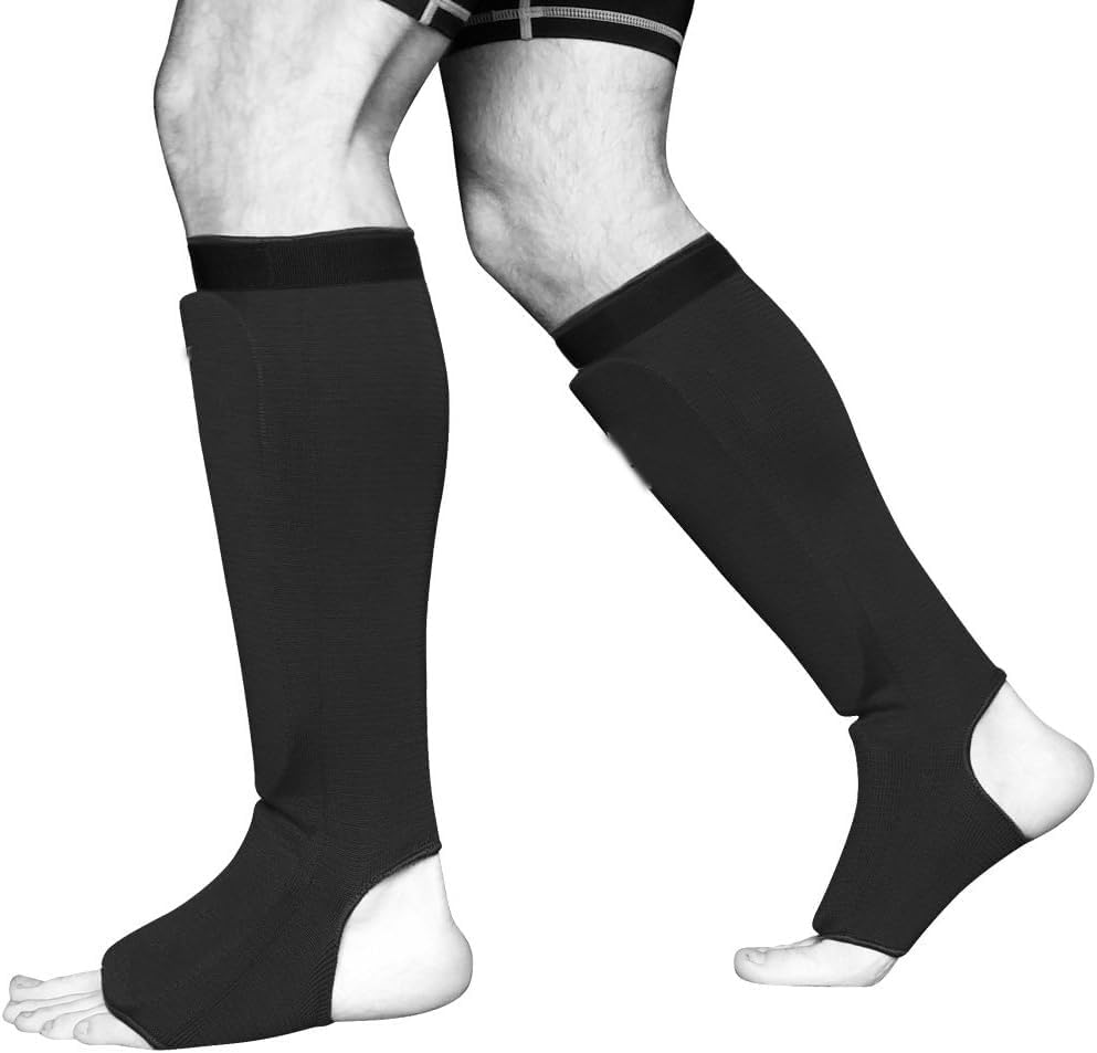 Muay Thai MMA Kickboxing shin Guards, Elite Sports Instep Guard Sparring Protective Leg shin Kick Pads for Kids & Adults (L, Black)