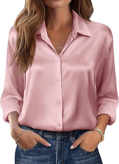 Beyove Damen Bluse Satin Seide V-Ausschnitt Hemden Elegant Langarm Business Oberteile mit Knöpfen Tops Lose Langarmshirt Rosa L
