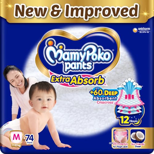 MamyPoko Pants Extra Absorb Baby Diapers, Medium (M), 74 Count, 7...