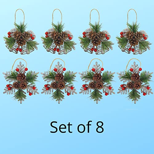 Pinecone Christmas Ornaments - Set Of 8 - Approximately 5" Wide - Glittered Snowflakes And Bells With Pine Cones, Greenery And Red Berries - Xmas Décor #TOP1