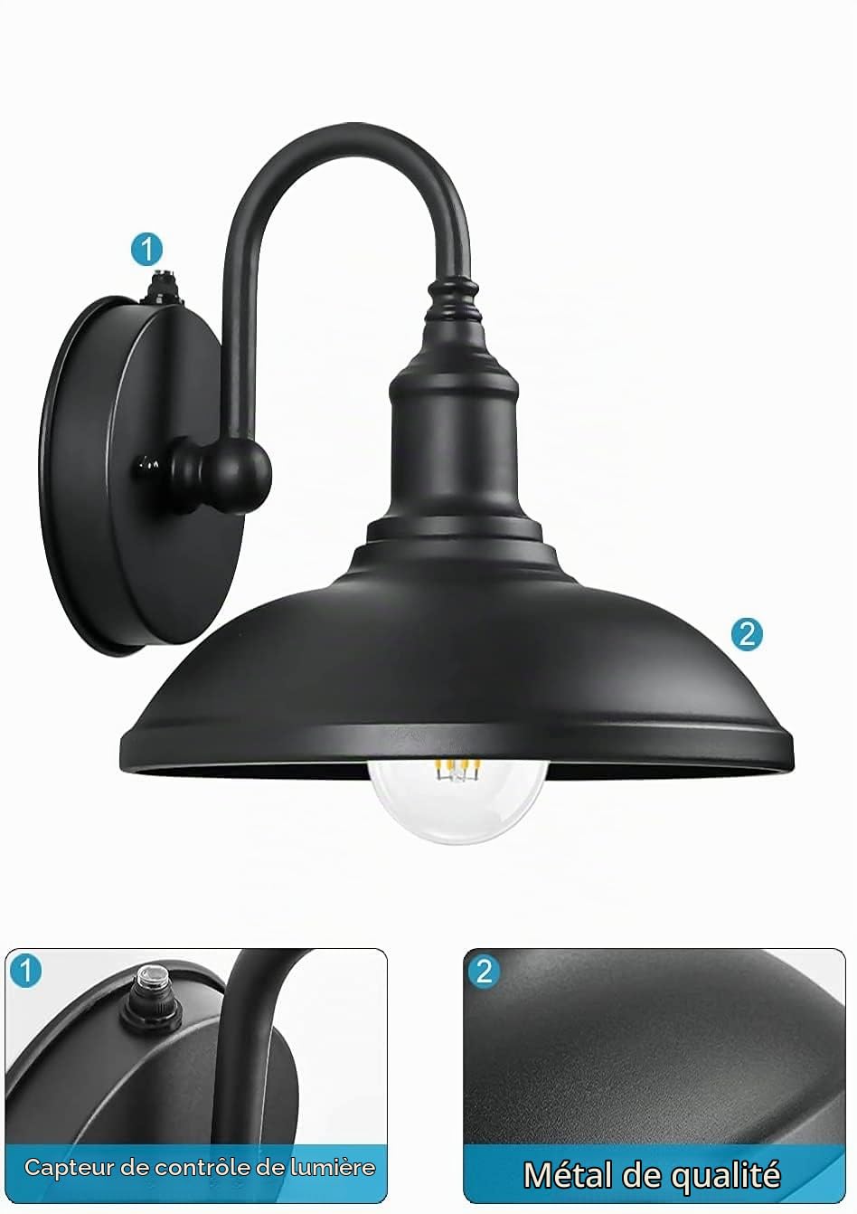 Lot de 2 Applique Murale Exterieur avec Capteur Crépusculaire, pour Grange, Couloir, Balcon, Porche, Entrepôt, Ferme, Loft, Rustique, Garage, Cellier, Noire - excl. E27 Ampoule