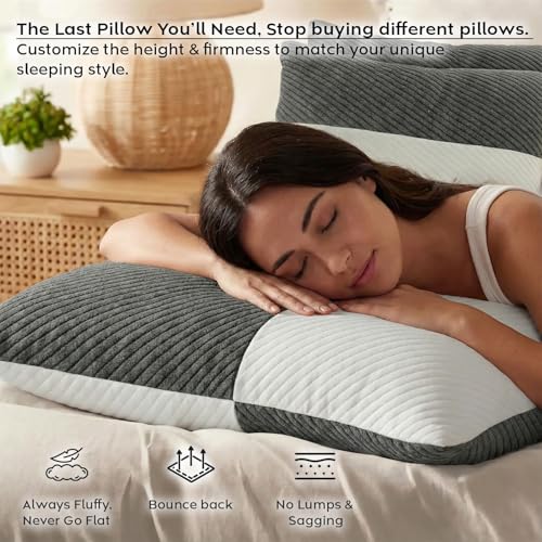 Image of AYKA Adjustable Microfiber Sleeping Pillow | Height Adjustable Zip Pillow with Extra Fiber Fill | Soft & Fluffy Comfort | Hypoallergenic, Breathable & Washable |17x27 Inch | White & Grey | Set of 2