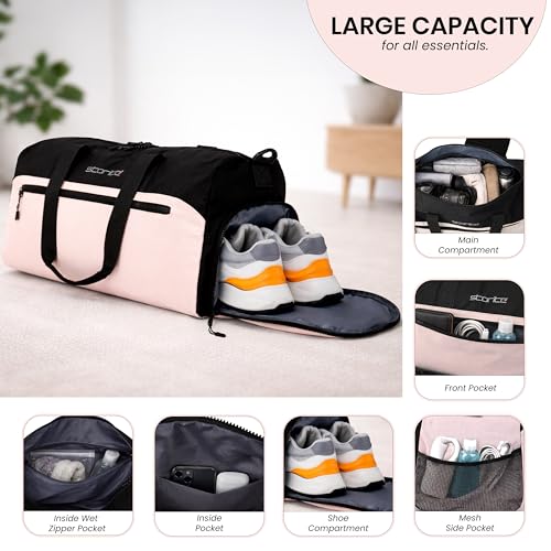 Image of Storite Multipurpose Travel Duffle Bag, Lightweight Luggage Bag with Shoe Compartment, Water Resistance, Overnight Bag with Mesh & Zipper Pockets for Traveling, Gym & Weekend Trips (Pink, 48x30x22cm)