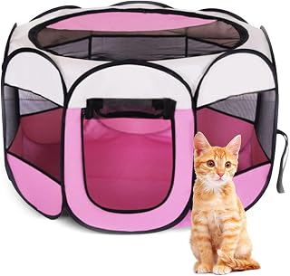 Portable Foldable Pet Dog Playpen 74 X 74 X 43 Cm, Play Pen Cat Litter Boxes for Pet Dogs Puppies Playpen Indoor Outdoors,Removable Zipper Top(Pink)