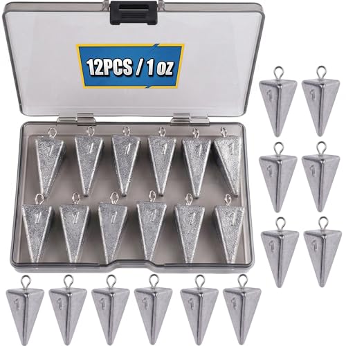 Hfuiqau 1oz (12pcs) Pyramid Sinkers Fishing and Fishing Weights for Light Surf Fishing and Freshwater Use Durable Lead Fishing Weights Stable Hold for Pompano Rigs Catfish Rigs and Bottom Fishing