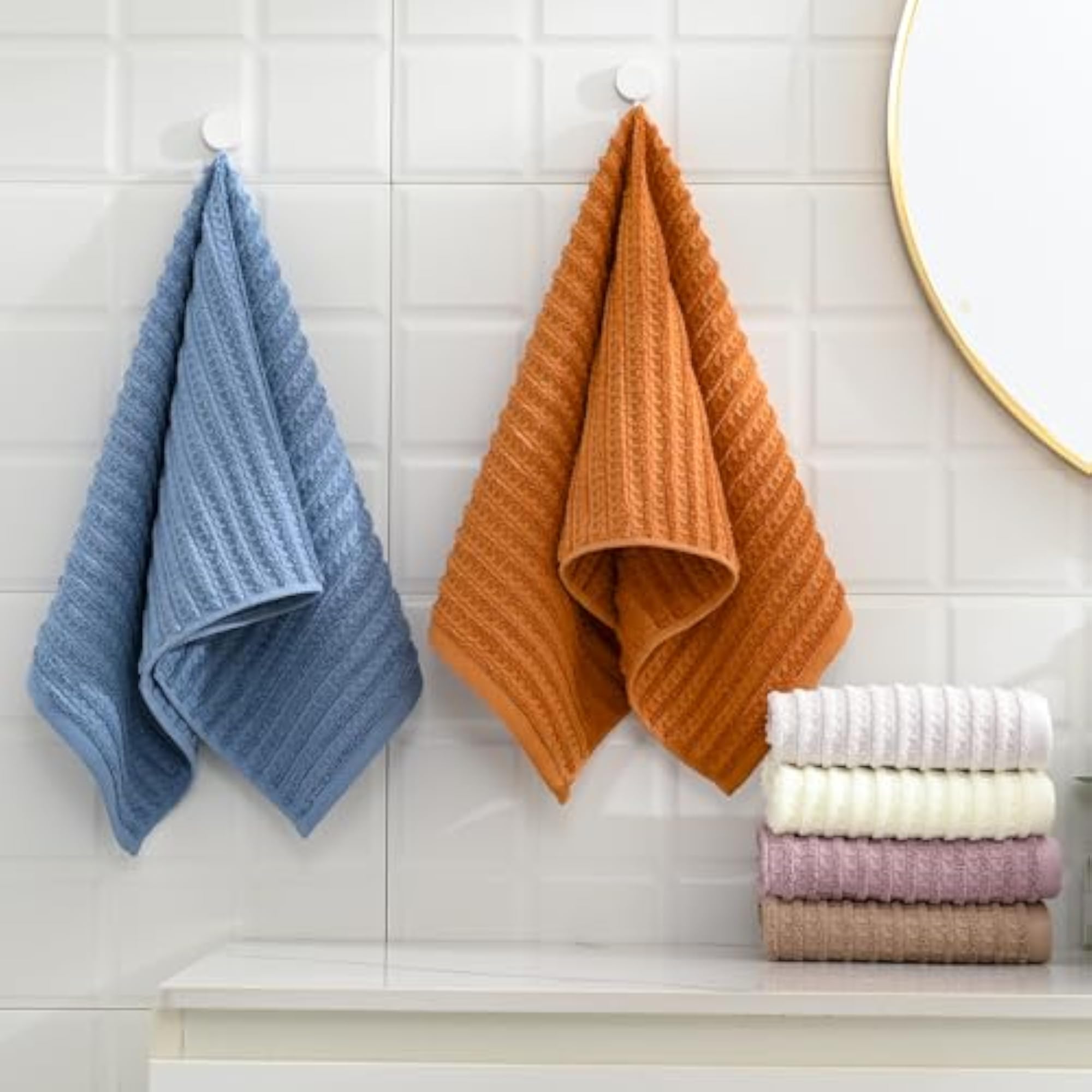 Waffle Hand Towel with Terry Striped Pattern, Super Soft Cotton