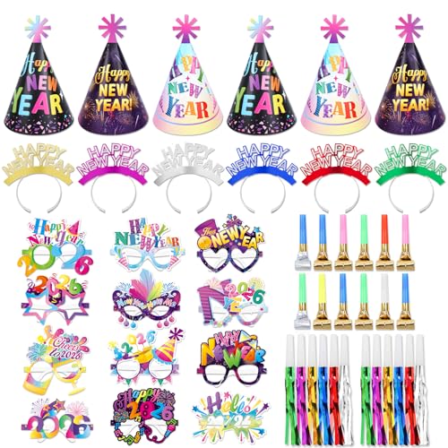 HOWAF Cotillion Véspera de Ano Novo 2026, Tiara Ano Novo Tiara Happy New Year Chapéus de Cone, Óculos Fim de Ano, Línguas-de-sogra para Photocall Véspera de Ano Novo, Decoração Fim de Ano 2026