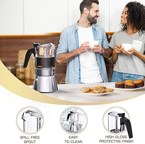RAINBEAN Italian Expresso Maker, Moka Pot, Stovetop Coffee Makers, Stainless Steel Coffee Maker, Suitable for Induction Hob, 240ml/8.5oz/4 cup (1 espresso cup=50ml)