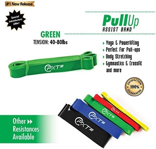PXT360 Pull Up Assistance Bands: Green Pullup Resistance Strap, 40-80 Pounds Tension, 1.25’’, Pull Up Bar Bands Home Gym Equipment for Strength Training, Crossfit, Arms and Legs Exercises