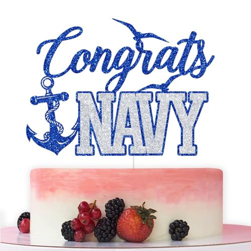 Congrats Navy Cake Topper, Navy Graduation Decorations, USN Grad Cake Decor, Military Academy Graduated, 2026 USN Graduation Party Decorations (Blue and Silver)