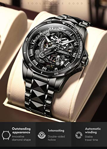 Olevs Skeleton Watches For Men Wrist Watches Mechanical Automatic Luxury Black Tungsten Steel Sapphire Crystal Waterproof Luminous #TOP2