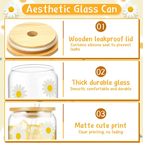 Hoolerry Daisy Flower Glass Cups With Lids And Straws 18 Oz Iced Coffee Cup Drinking Glasses With Bamboo Lids Cute Flower Glass Coffee Tumbler Glasses For Home Office Kitchen (2 Pcs) #TOP2