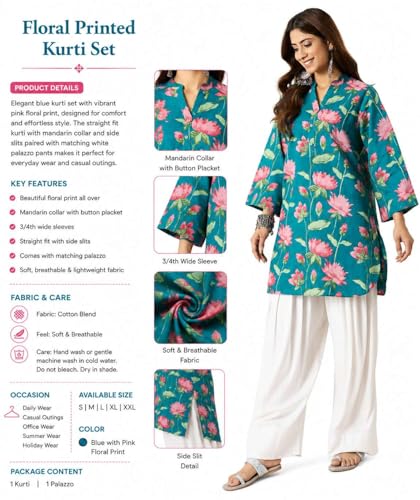 Image of Shiva Shakti Enterprisess Women's Cotton floral printed straight comfort fit kurti with Farshi Salwar perfect for everyday (Blue With Pink-M)