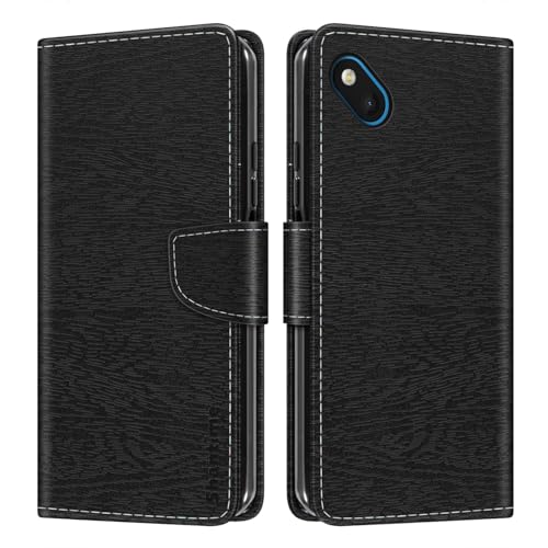 Gestreifte PU Leder Handyhülle Kompatibel mit Wiko Sunset 2, Schlanke Klapphülle mit Magnetverschluss, Kartenfächern & Standfunktion (Schwarz)