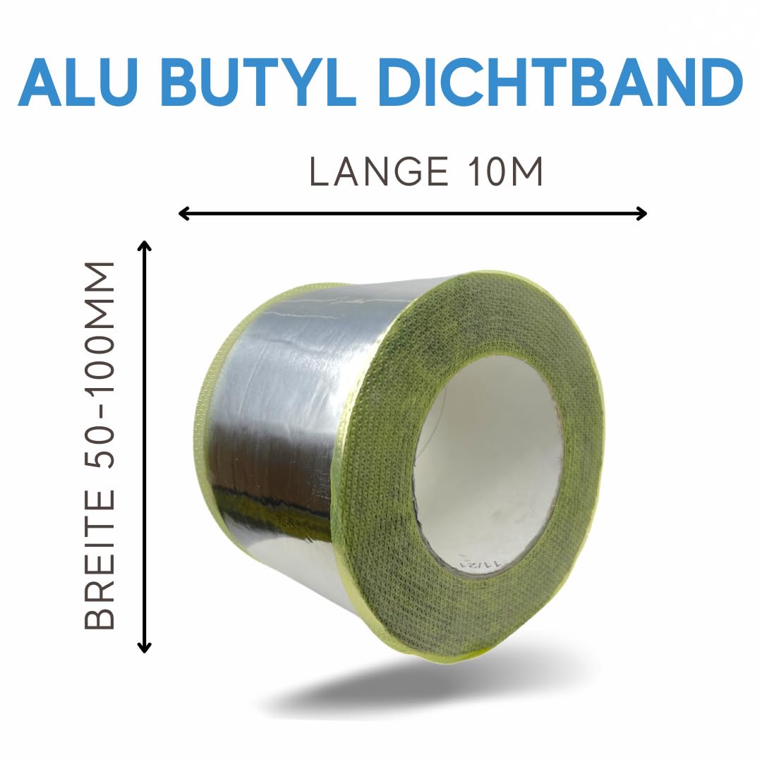 Alu Butyl Dichtband 50mm / 75mm / 100mm x 10m – Selbstklebend, Wasserdicht, UV-beständig – Reparaturband für Dach Fenster Rohr Wohnmobil Boot – Aluband Extra Stark Butylband (50mm - 10m)