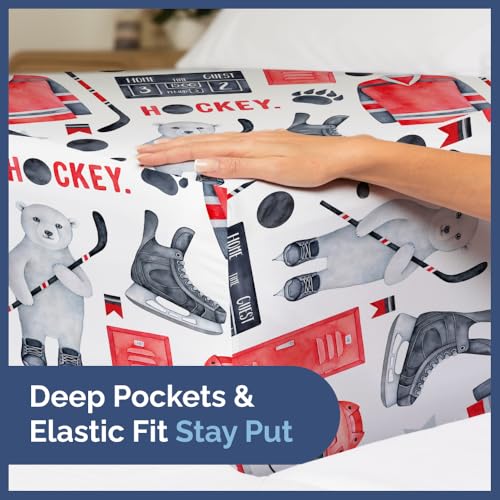 Image of Kids Queen Size Hockey Bear Bed Sheets - 4 Piece Bear Sheet Set - Ice Hockey Puck Print Bedding - Soft, Cute & Cozy - Breathable & Machine Washable - Sports Bed Set for Boys, Girls, Teens & Toddlers