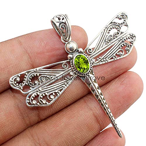925 Sterling Silver Dragonfly Pendant For Women & Girl Mother's Day Gift, 7X5Mm Oval Cut Peridot Memorial Pendant Without Golden Ball #TOP28