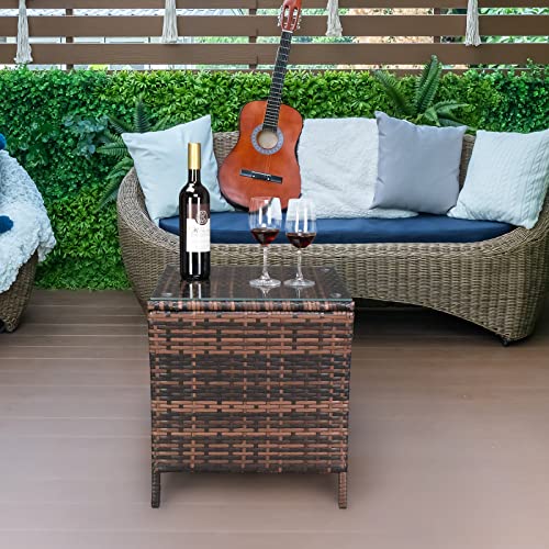 VINGLI Outdoor Wicker Side Table Patio Side Tables for Outside, Tempered Glass Top Wicker Table with Storage End Table for Balcony Porch Deck (Brown) - Image 7
