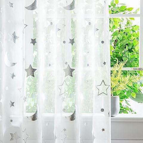 DAZZLEEX Semi Sheer Moon and Stars Curtains Cover