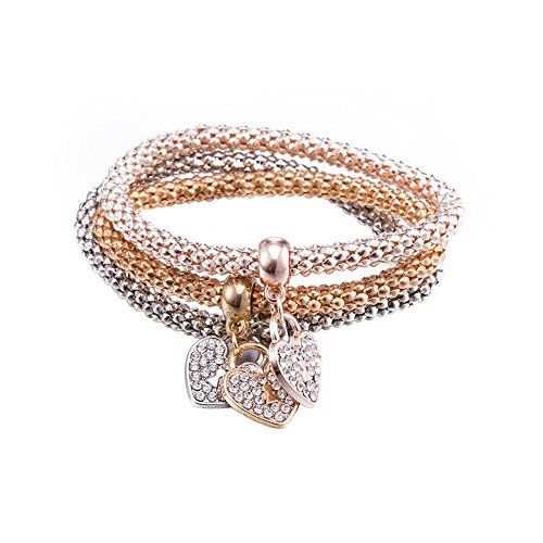 Fashion Jewelry Stretch Bracelets 3PCS Gold/Silver/Rose Gold Corn Chain Crystal Charms Multilayer Bracelets with Crystals Within The Pendant for Women (Love)