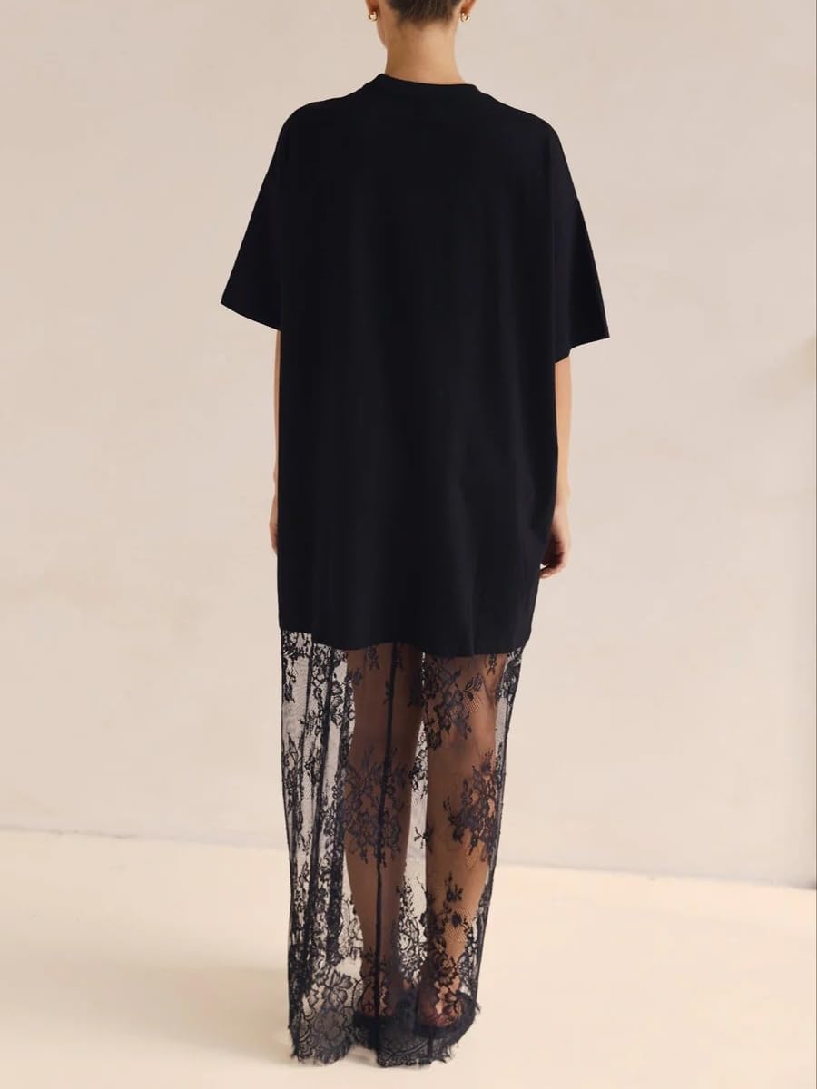 NUFIWI Women Short Sleeve Shirt Dress Crewneck Oversized Lace Maxi Dress Embroidered Lace Patchwork Long Dresses - Image 4