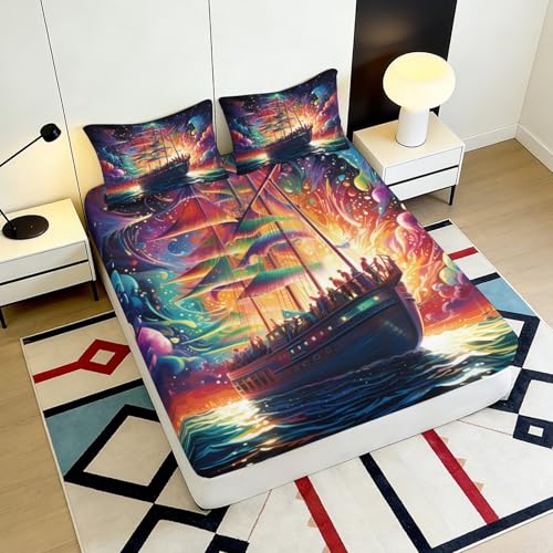 Drap housse microfibre bateau coucher de soleil 3D 90x200 cm