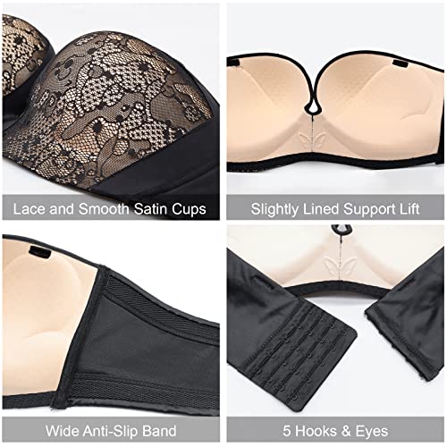 Mirgoo Women's Strapless Plunge Push Up Bra Lace Wirefree Support Anti-Slip Multiway, Black,36C #TOP3