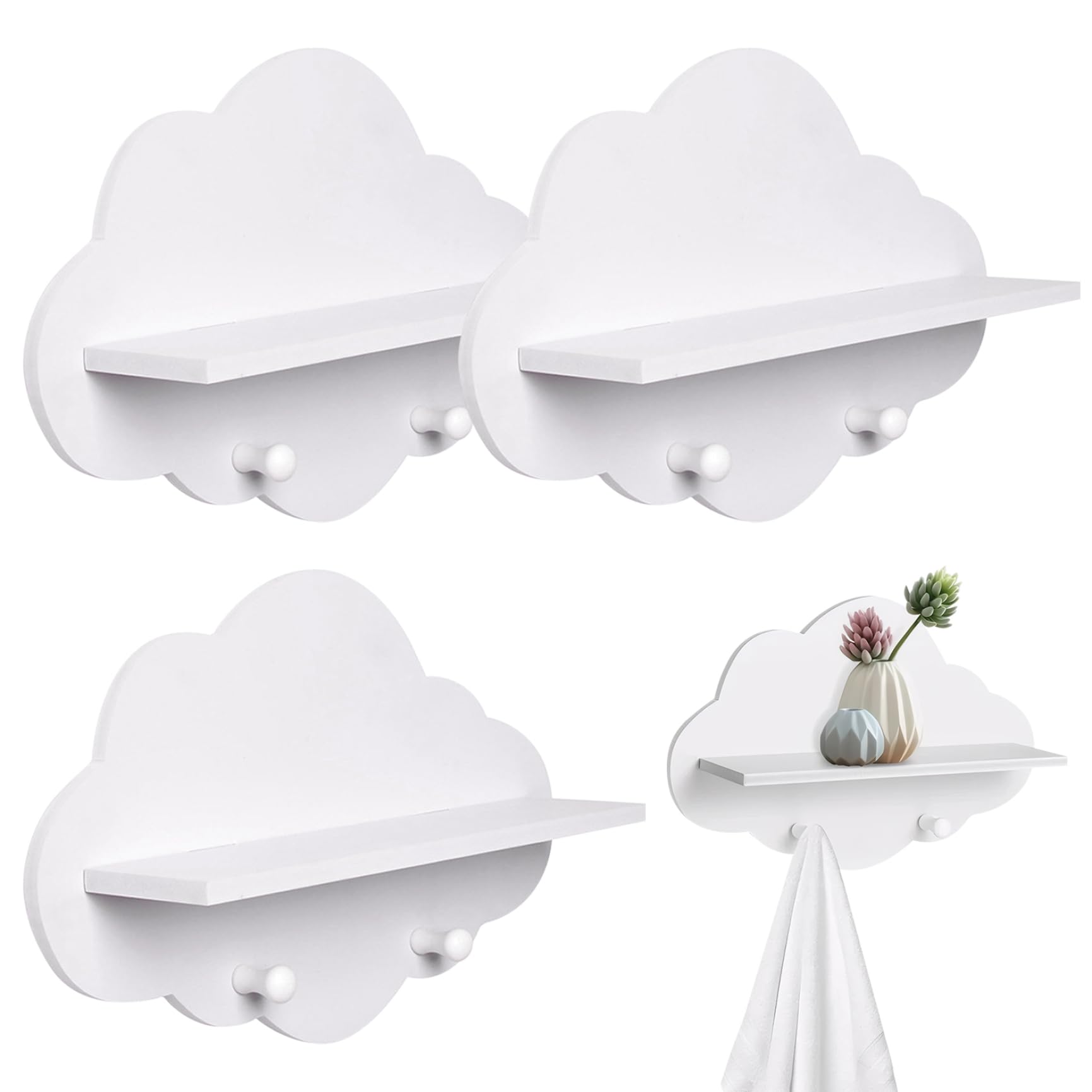 Set di 3 mensole galleggianti a forma di nuvola bianca, con appendiabiti, per cameretta dei bambini, accessori decorativi per mensole