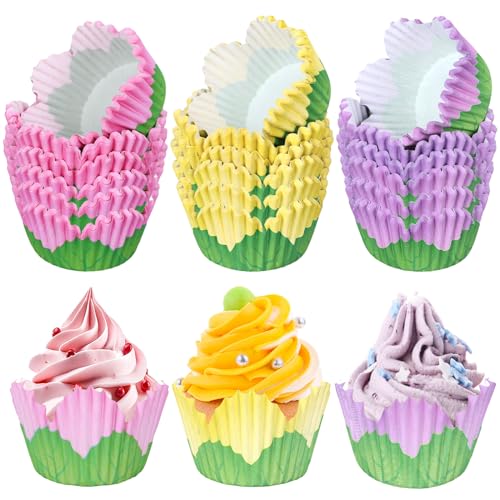 JarThenaAMCS 300Pcs Flower Cupcake Liners Spring Summer Flower Baking Cups Pink Purple Yellow Petal Cupcake Wrappers Holders Muffin Liners for Spring Wedding Bridal Shower Birthday Tea Party Decor