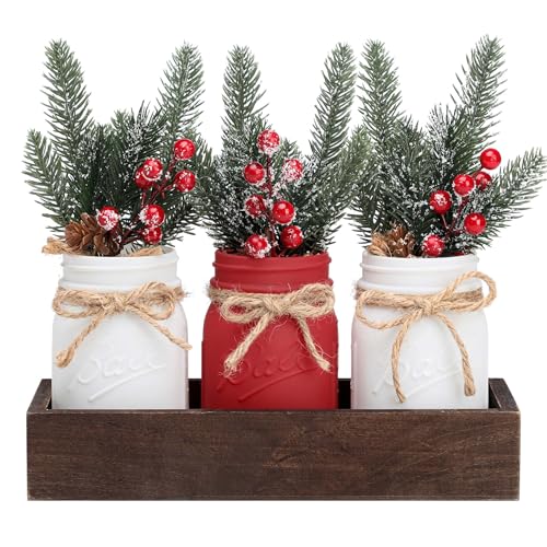 Christmas Mason Jars Centerpiece - Wood Tray & 3 Painted Decorati...