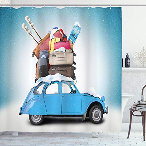 Ambesonne Winter Shower Curtain, Traveling Themed Snowy Image Ski Baggage Items Blue Vintage Car Holiday Photograph, Cloth Fabric Bathroom Decor Set with Hooks, 70 Long, Pale Blue