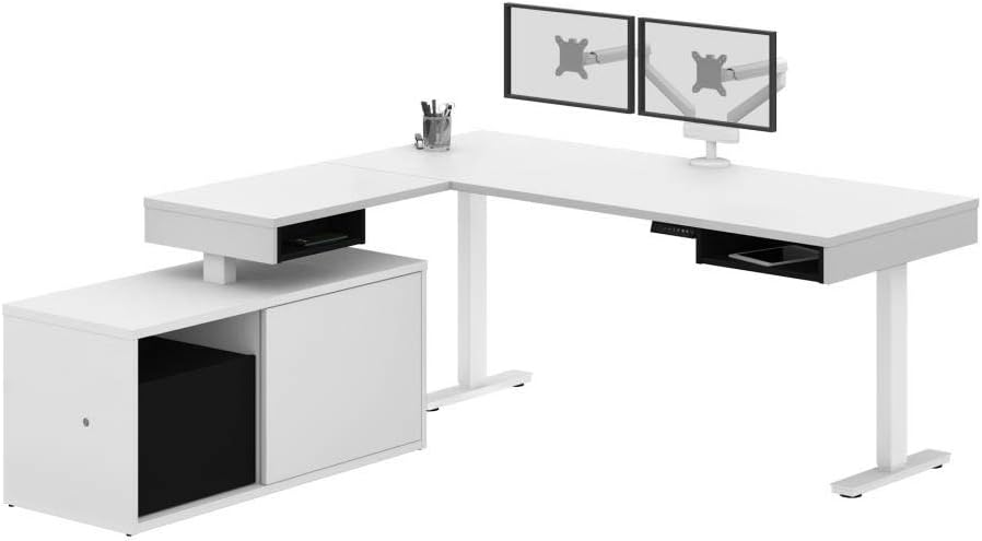 Bestar Pro-Vega L-Shaped Standing Desk with Dual Monitor Arm and Credenza, 81W, White/Black