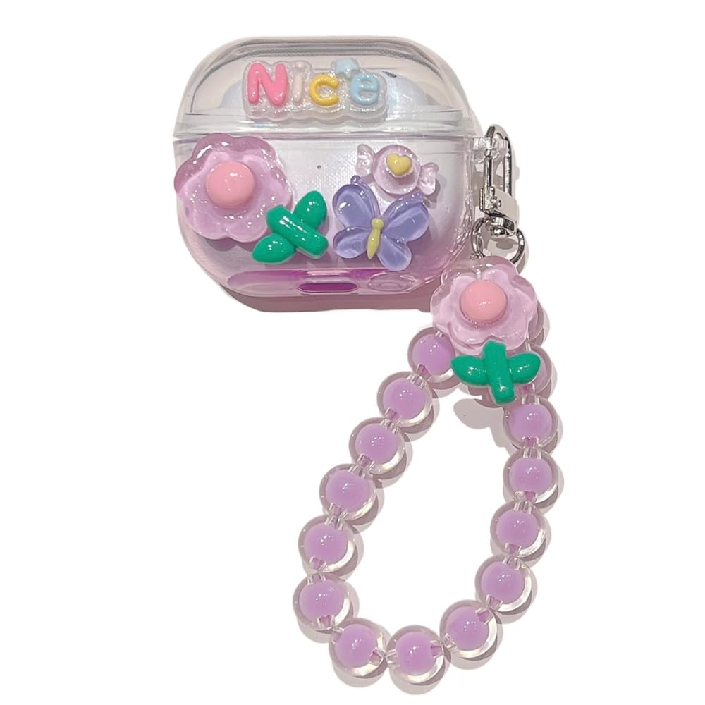 SCQYCWA Earphones Case for Samsung Galaxy Buds 3/Buds 3 Pro/Buds 3 FE,Cute Cartoon Flower Clear TPU Shockproof Case Cover with Bracelet Keychain for