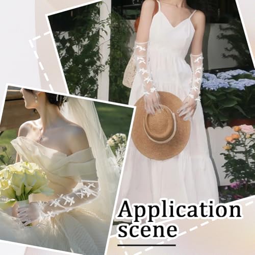 2 Pairs White Sheer Bowknot Elbow Length Long Lace Gloves Mini Bow Finger tulle Mesh Transparent Arm Accessories Sleeve Polyester Glove for Women Wedding Coquette Party Decoration Masquerade4