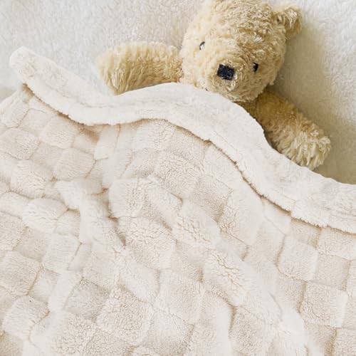 Image of HOMRITAR 3D Gingham Fleece Baby Blanket for Girls Boys Chessboard Grid Warmer Comfort Reversible Shaggy Cozy Decor for Home Bed Blanket for Toddlers 30 x 40 Inches Cream